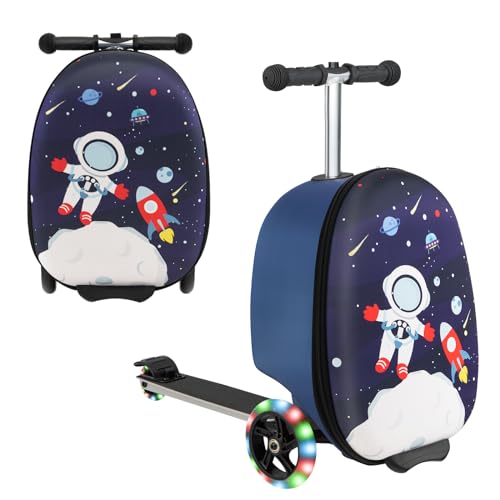 GOPLUS Maleta infantil 2 en 1 con scooter, equipaje de viaje de 26 pulgadas con carcasa EVA y ruedas LED, patinete plegable con manillar retráctil para niños a partir de 5 años, astronauta, 70 x 33 x