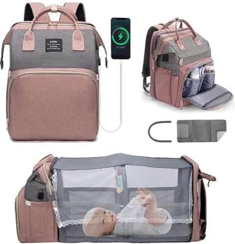YUDOXN Mochilas de Pañales para Bebé,cuna portátil para bebés y niños,plegable,organizador de mochila para pañales de cuna multifuncional con cambiador de pañales (Rosa)