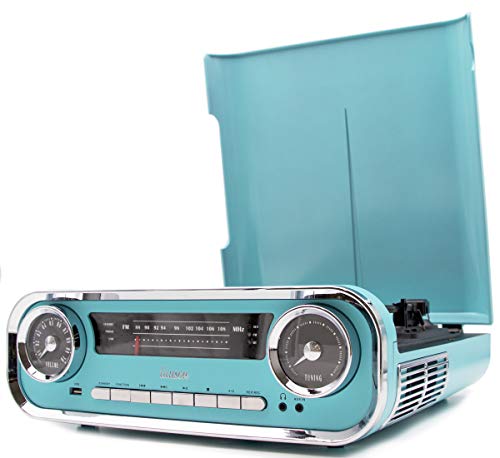 Lauson 01TT18 Tocadiscos Diseño Vintage Coche de Colección con 2 Altavoces Estéreo Integrado de 3 W | Tocadisco Vinilo con Radio FM, Función Bluetooth, USB, AUX | 3 Velocidades (33, 45, 78) (Azul)