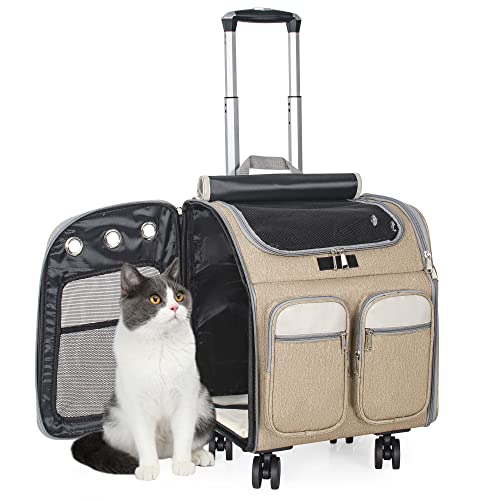 OUUTMEE Con carro 2 en 1 hasta 20 kg, mochila para gatos grande, bolsa de transporte con ruedas, para gato/perro/conejo/mascotas,mochila multifuncional, transpirable, caqui
