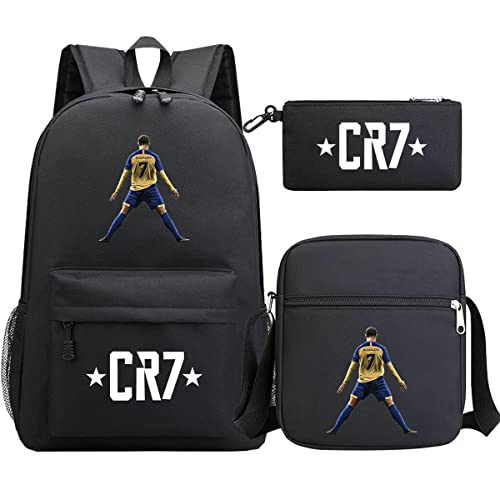 Genefy Set Ronaldo CR7 - Mochila escolar negra para estudiantes, mochila para libros, mochila para niñas y niños con bolsas de mensajero, Multicolor, Talla única