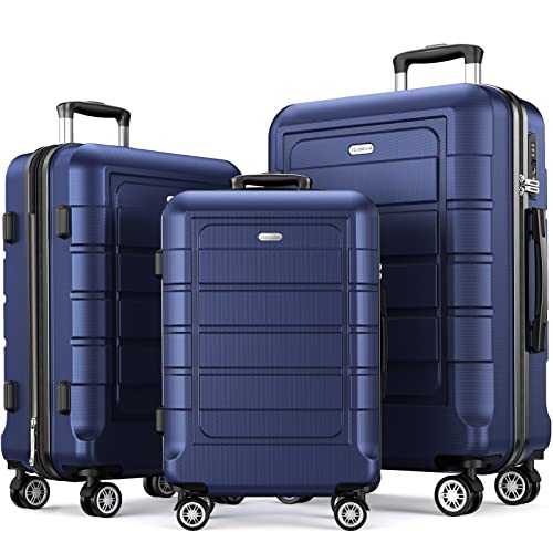 SHOWKOO Sets de 3 maletas expandibles de policarbonato y ABS, durables, con ruedas dobles y cerradura TSA, Azul, 20 inches, 24 inches, 28 inches