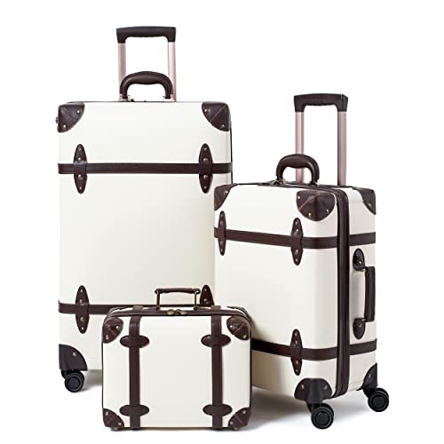 Nzbz Juego de maletas de viaje vintage con ruedas, hechas a mano de piel ligera, candado de combinación TSA, mango telescópico, 8 ruedas, juego de 3 maletas (S-M-XL), Blanco, Estilo vintage