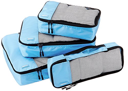 Amazon Basics - Bolsas de equipaje (pequeña, mediana, grande y alargada, 4 unidades), Azul (Cielo)