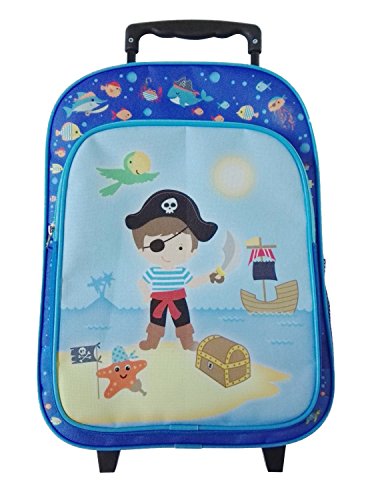 Idena 22045 - Mochila trolley con 2 ruedas para niños, azul con motivo pirata, como maleta de mano, carro escolar y mochila infantil, aprox. 40 x 28 x 17 cm